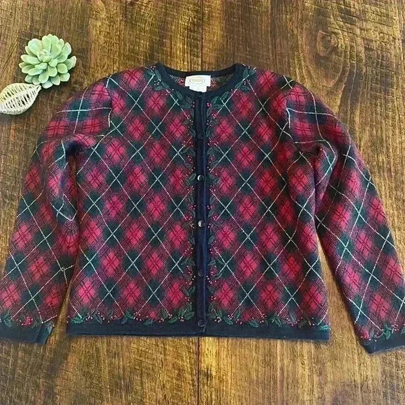 Talbots | Vintage 90’s Plaid Holiday Button Down Sweater, 100% Merino Wool - Picture 1 of 9